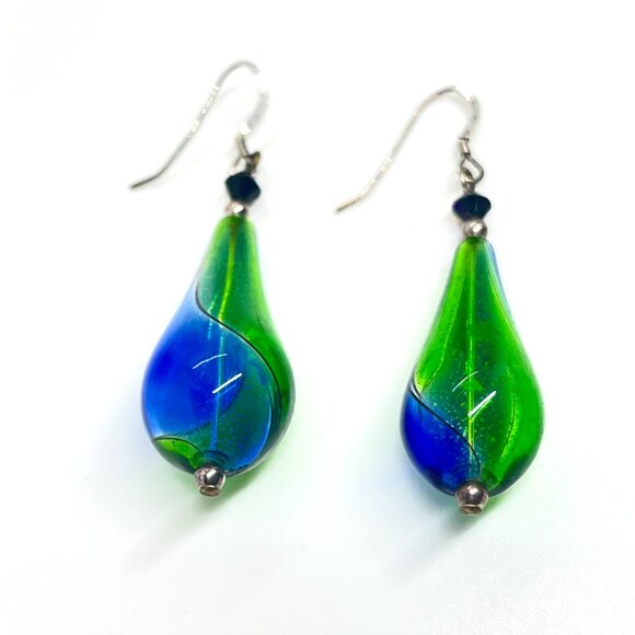 GREEN BLUE ART GLASS DROP EARRINGS STERLING 925 HOOKS HANDMADE MURANO STYLE - Picture 7 of 15
